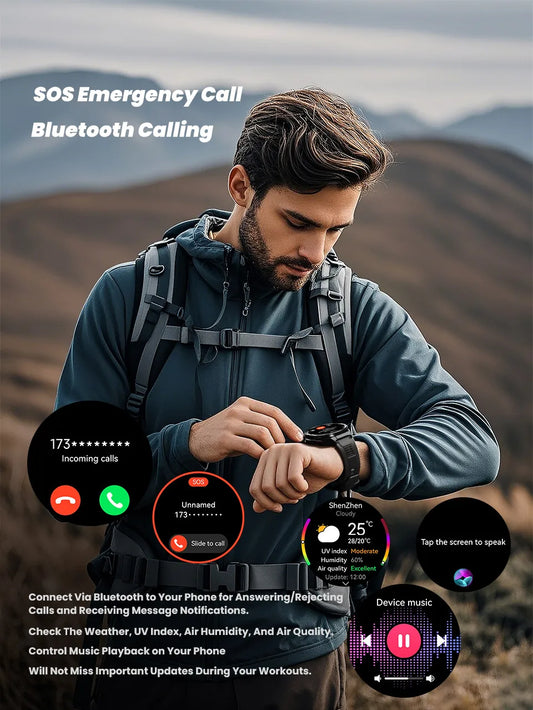 BackupMyFilesNow.com black smart watch with 1.43-inch HD AMOLED screen, Bluetooth calls, GPS, and health monitoring features.