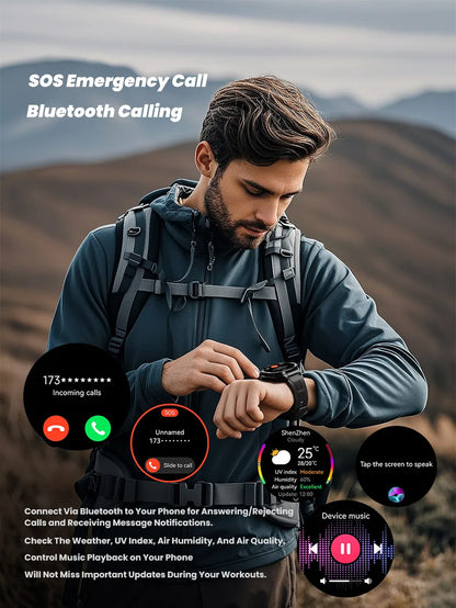 BackupMyFilesNow.com black smart watch with 1.43-inch AMOLED screen, Bluetooth calls, GPS, and health monitoring features.