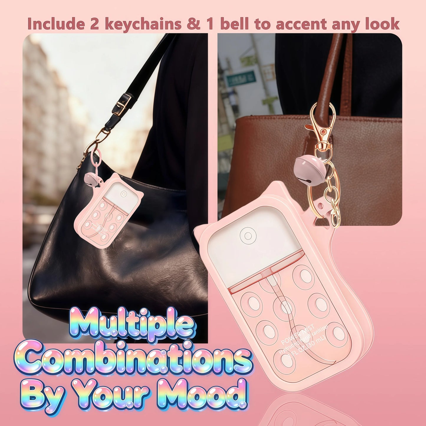 Black silicone hand sanitizer mist case with keyring, protective and portable spray accessory for 1 fl oz sanitizer bottles.