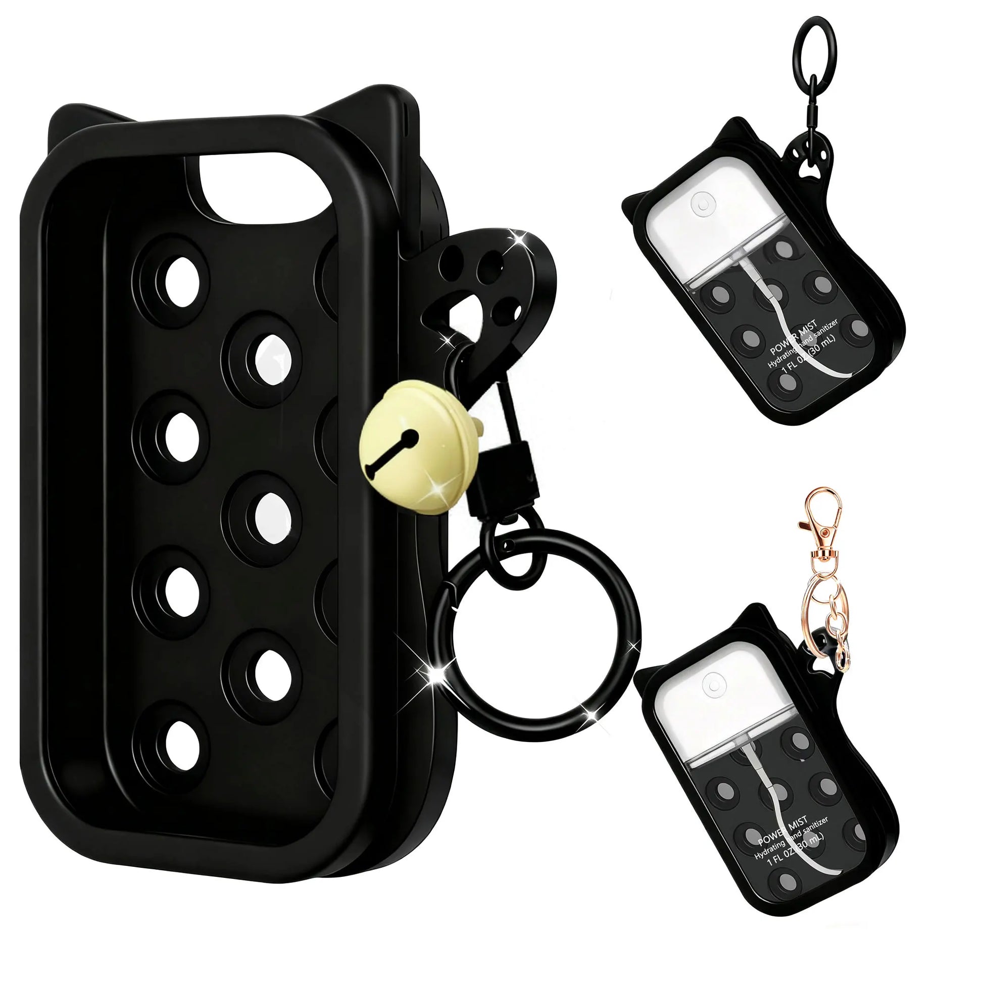 Black silicone hand sanitizer mist case with keyring, portable protective cover for 1 fl oz sanitizer spray, stylish and compact.