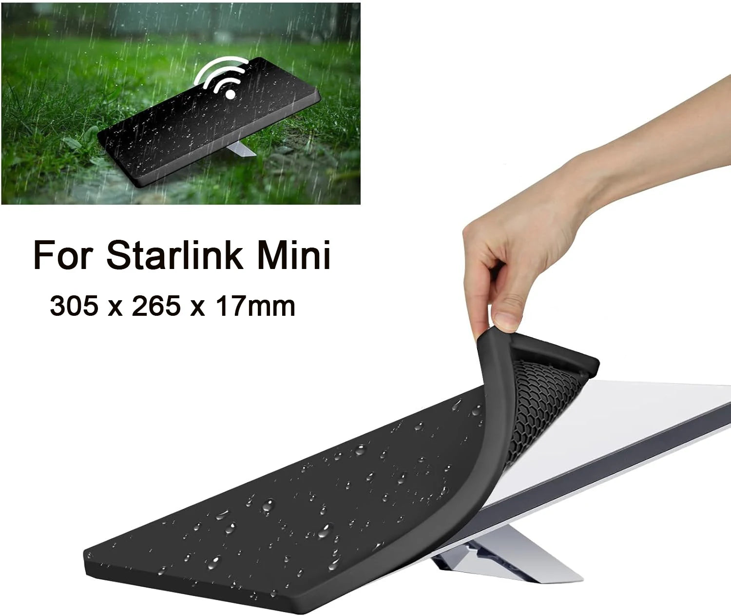 Black silicone protective cover for Starlink Mini dish, weatherproof and dustproof, from BACKUPMYFILESNOW.COM®.