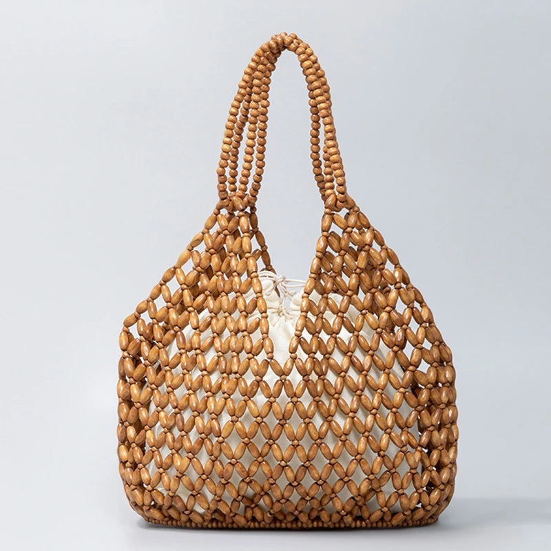 Black woven wooden bead handbag with retro casual design, versatile for summer vacations, handheld and shoulder carry options.