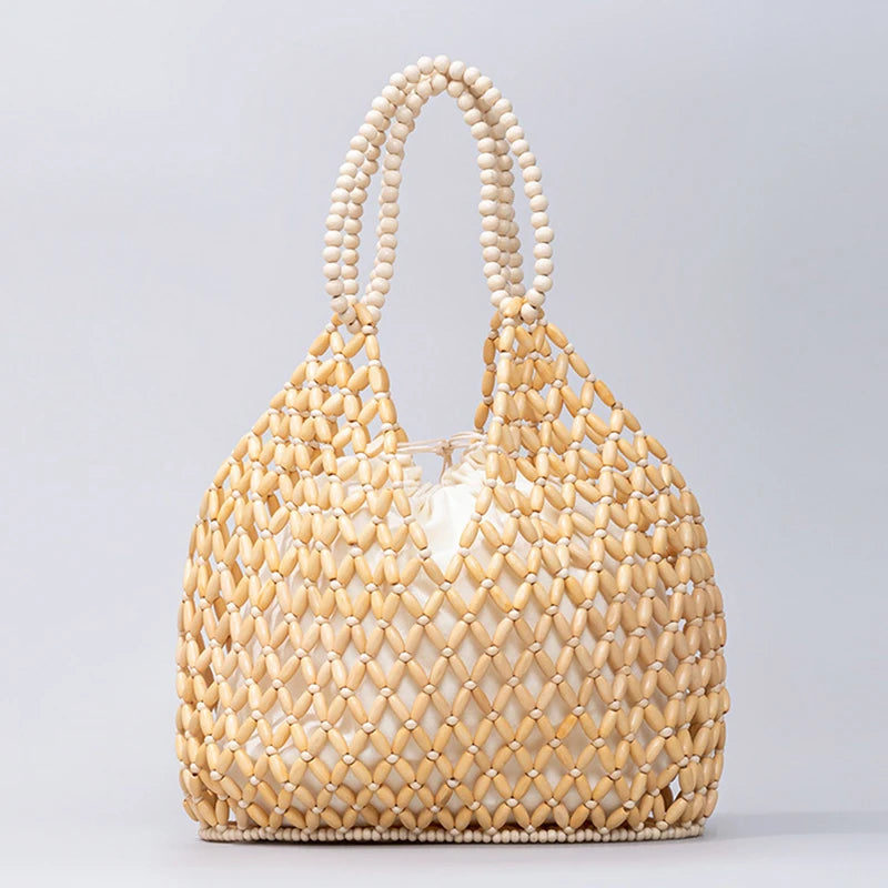 Black handwoven wooden bead handbag with casual design, versatile for summer vacations, featuring a water bucket style for women.
