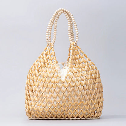 Black handwoven wooden bead handbag with casual design, versatile for summer vacations, featuring a water bucket style for women.