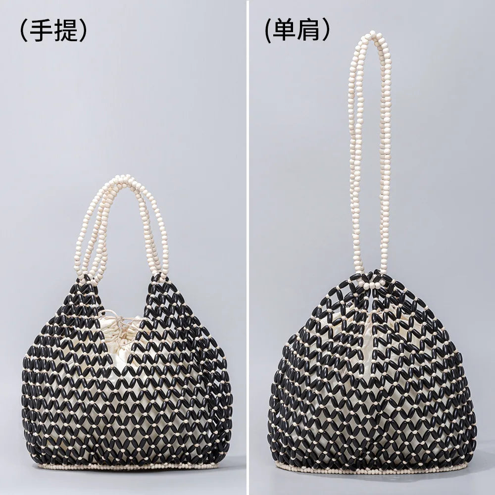 Black woven wooden bead handbag with retro design, versatile for summer vacation, featuring a handheld and shoulder bag style.