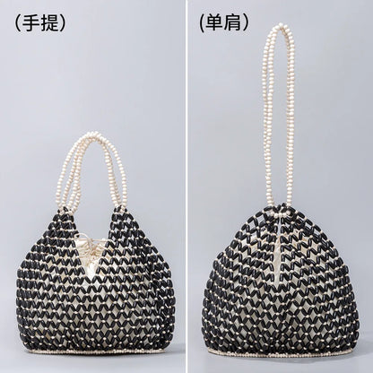 Black woven wooden bead handbag with retro design, versatile for summer vacation, featuring a handheld and shoulder bag style.