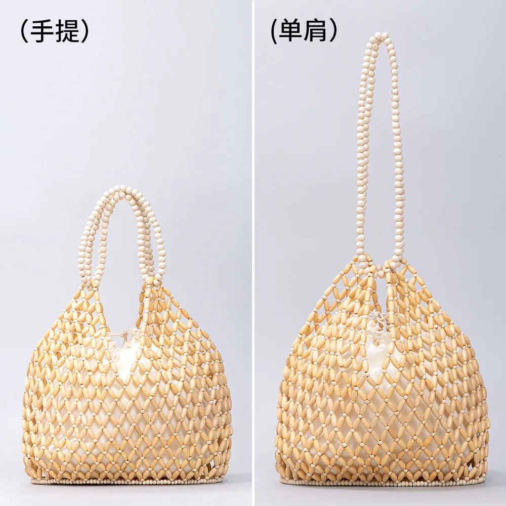 Black woven wooden bead handbag with retro design, versatile for summer vacations, featuring a water bucket style for women.