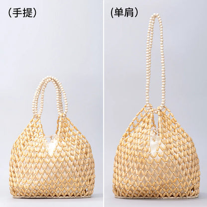 Black woven wooden bead handbag with retro design, versatile for summer vacations, featuring a water bucket style for women.