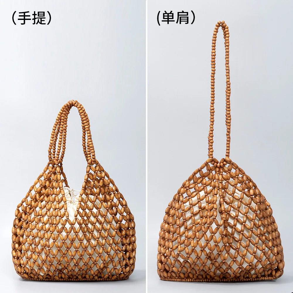 Black woven wooden bead handbag with retro design, versatile for summer vacations, featuring a water bucket style for women.