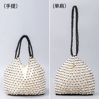 Black handwoven wooden bead handbag with casual design, versatile for summer vacations, featuring a water bucket style for women.