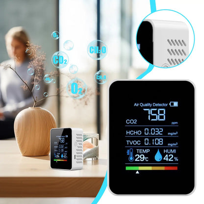 Black BackupMyFilesNow.com smart air quality monitor displaying real-time CO2, temperature, and humidity readings for home and office.