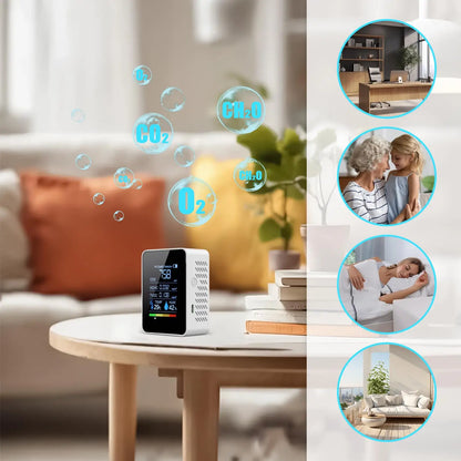 Black smart air quality monitor from BackupMyFilesNow.com detecting CO2, temperature, and humidity in home, office, or car environments.