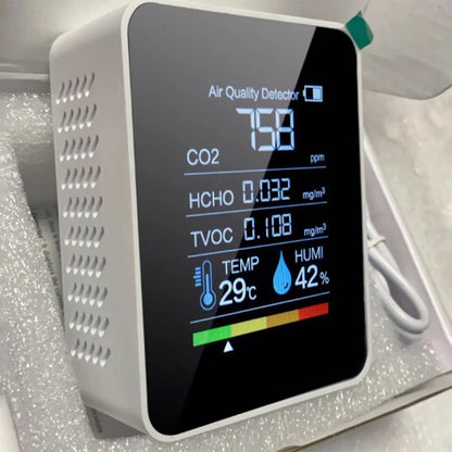 Black BackupMyFilesNow Smart Air Quality Monitor showing real-time CO2, temperature, and humidity readings for home and office.
