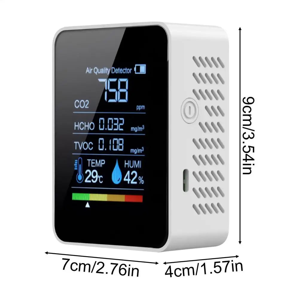 Black smart air quality monitor from BackupMyFilesNow.com showing real-time CO2, temperature, and humidity readings in a home setting.