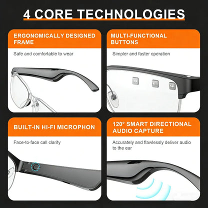Black polarized smart glasses with built-in speaker from BackupMyFilesNow.com, stylish eyewear with audio functionality.