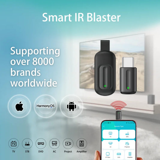 BackupMyFilesNow.com black Smart IR Blaster USB-C and USB infrared remote adapter for TV, AC, DVD, compatible with iOS and Android devices.