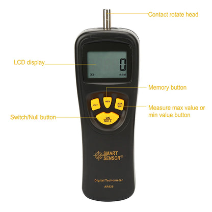 BackupMyFilesNow.com black digital tachometer showing RPM measurement with LCD backlight display and contact sensor for rotation speed.
