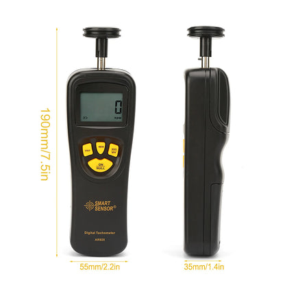 BackupMyFilesNow.com black digital tachometer with LCD backlight display measuring 0.5 to 19999 RPM, contact rotation meter.