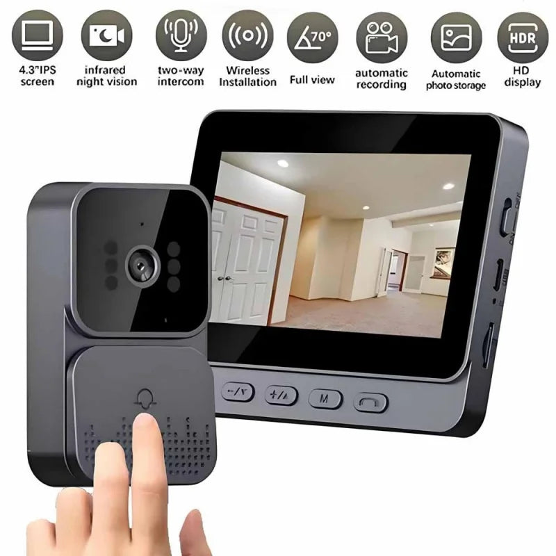 Smart WiFi 2.4G wireless doorbell with video intercom, night vision, and 4.3-inch HD screen for home security and apartment access