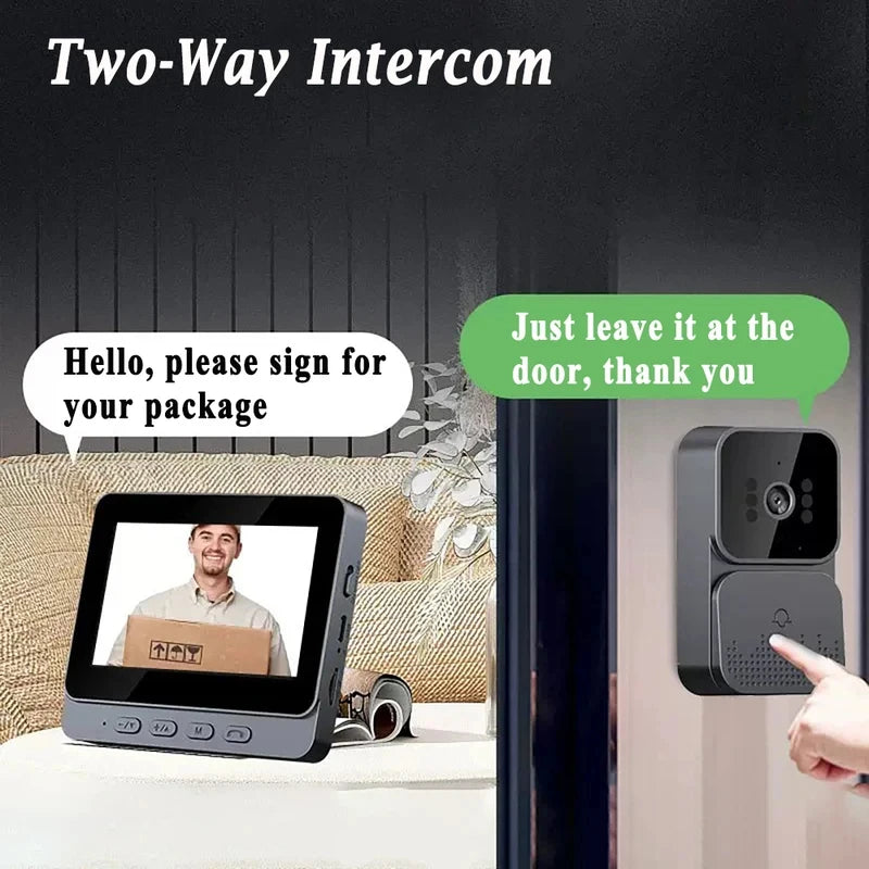 Black smart WiFi wireless doorbell with 4.3-inch HD screen, video intercom, night vision, ideal for home and apartment security