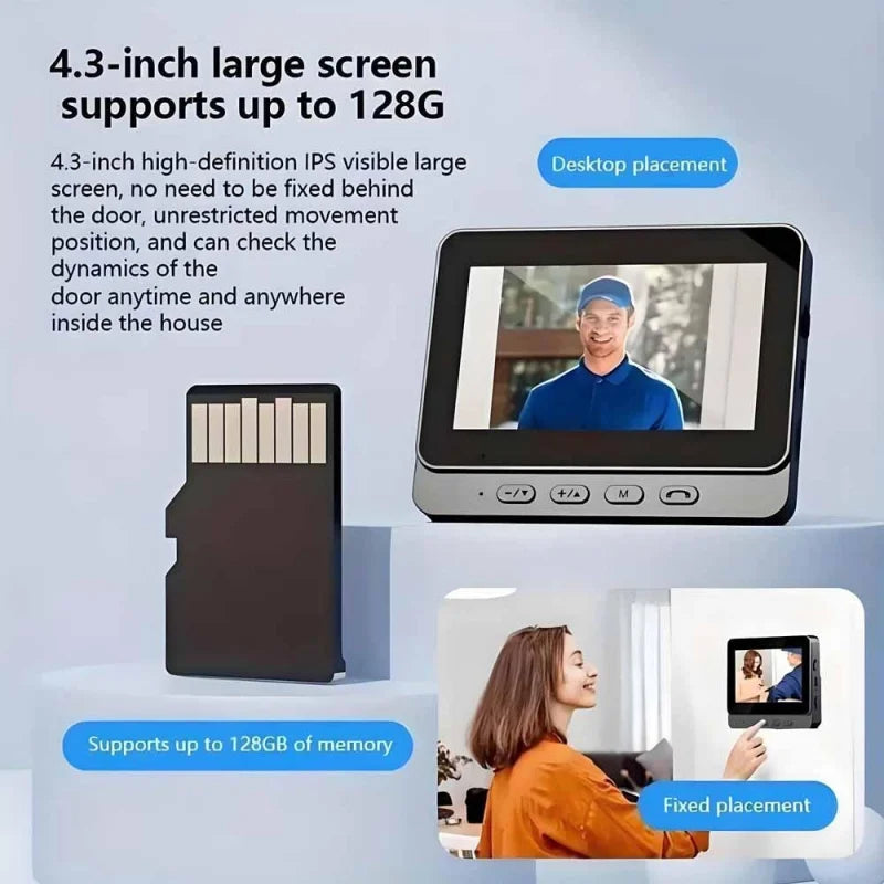 Smart WiFi 2.4G wireless doorbell with HD video camera, night vision, and 4.3-inch screen for home security and apartments.