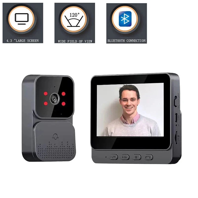 Wireless doorbell with HD 4.3-inch screen, night vision, and video intercom for home security and apartment monitoring.