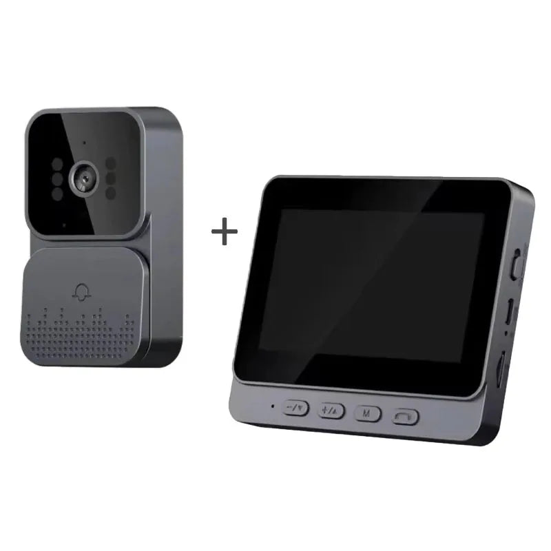 Wireless smart WiFi doorbell with HD camera, night vision, 4.3-inch screen, ideal for home security and apartment access.