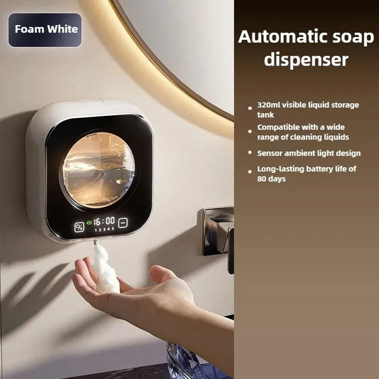 Wall-mounted black soap dispenser with infrared sensor, foam hand washer, digital temperature display, and touchless operation.