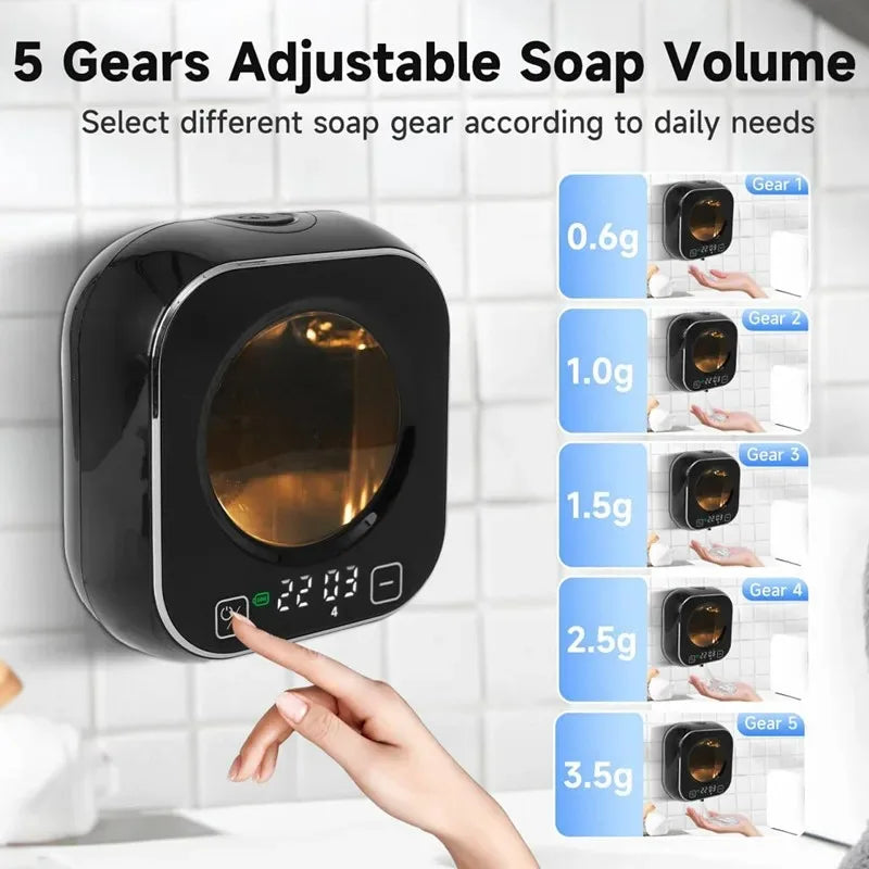 Black wall-mounted smart induction soap dispenser with infrared sensor, foam soap, and digital temperature display.