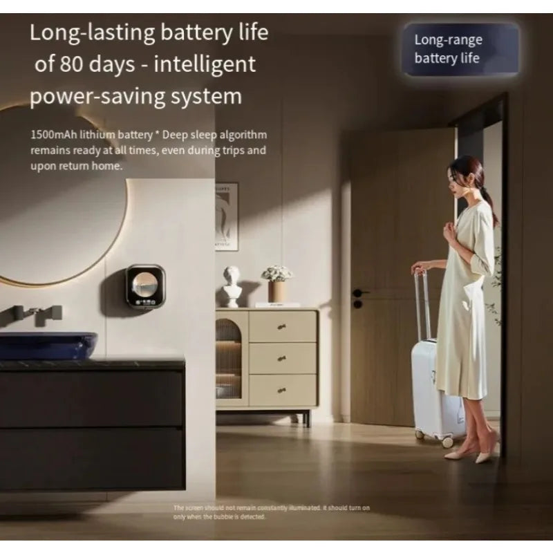 Wall-mounted BackupMyFilesNow.com Smart Induction Hand Washer with foam soap dispenser, infrared sensor, and digital temperature display.
