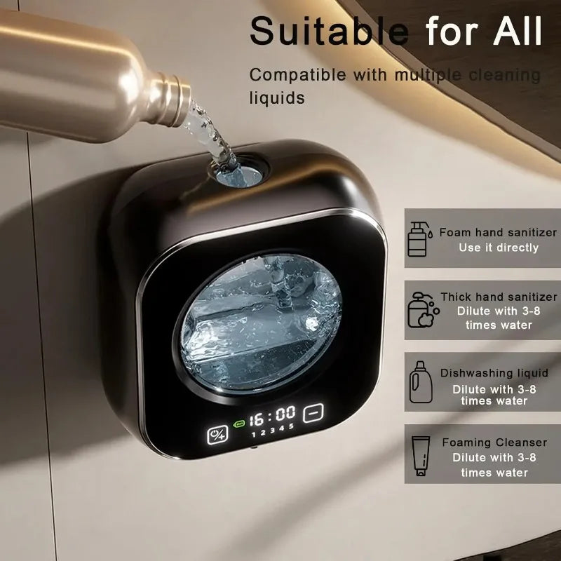 Black wall-mounted smart induction hand washer with infrared sensor, foam soap dispenser, and digital temperature display.