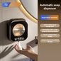 Wall-mounted black soap dispenser with infrared sensor, digital temperature display, and foam liquid soap for touchless hand washing.