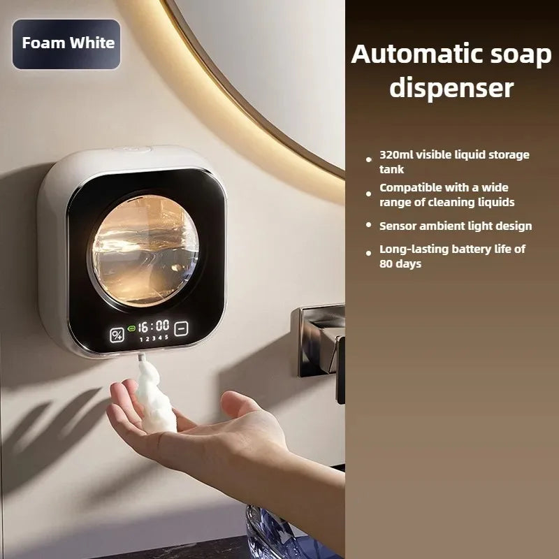 Wall-mounted black soap dispenser with infrared sensor, foam hand wash, digital temperature display, and touchless operation.
