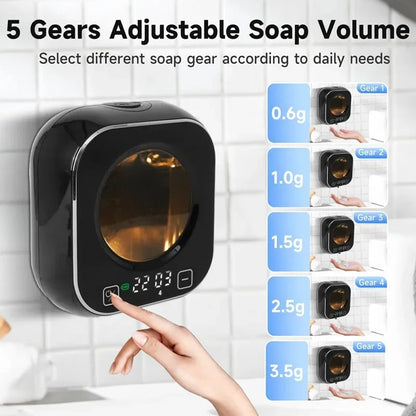 Black wall-mounted soap dispenser with infrared sensor, digital temperature display, and foam liquid soap for touchless hand washing.