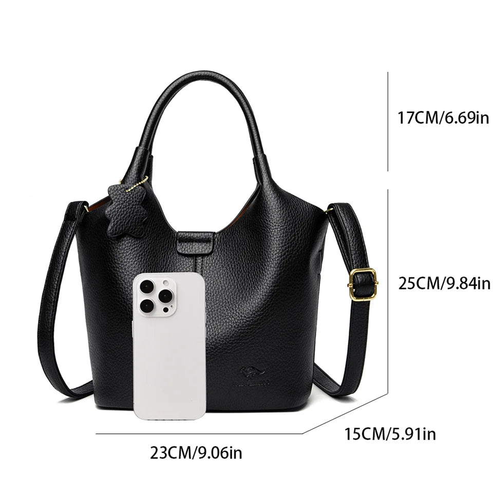 Black soft leather women's vintage shoulder handbag with large capacity and luxury designer style, featuring a classic elegant design.