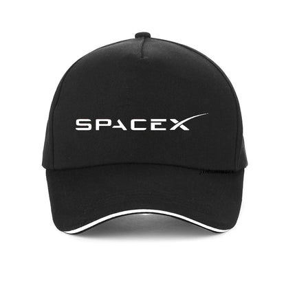 Black SpaceX logo baseball cap for men and women, unisex adjustable snapback hat with hip hop style.
