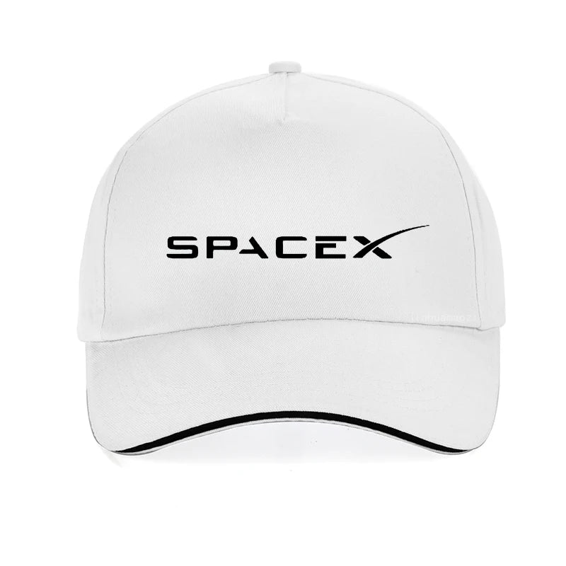 Black SpaceX cap with SpaceX logo, unisex baseball style, adjustable snapback, suitable for men and women.