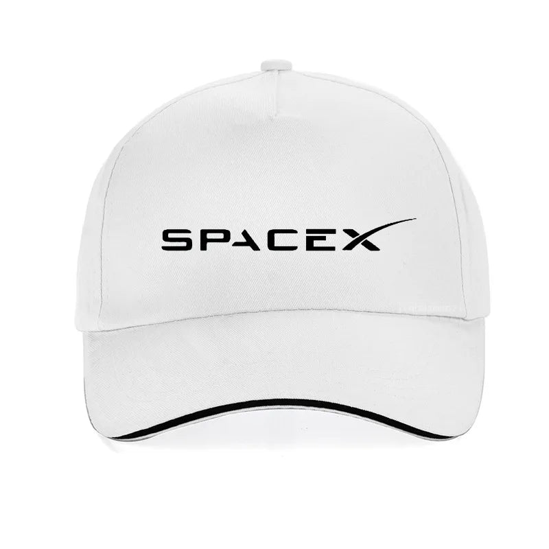 Black SpaceX logo cap for men and women, unisex adjustable snapback hat with hip hop style and car-themed design.