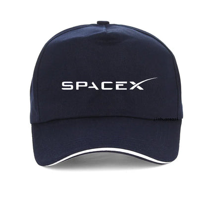Black SpaceX logo cap for men and women, unisex adjustable snapback baseball hat with SpaceX branding and hip-hop style.