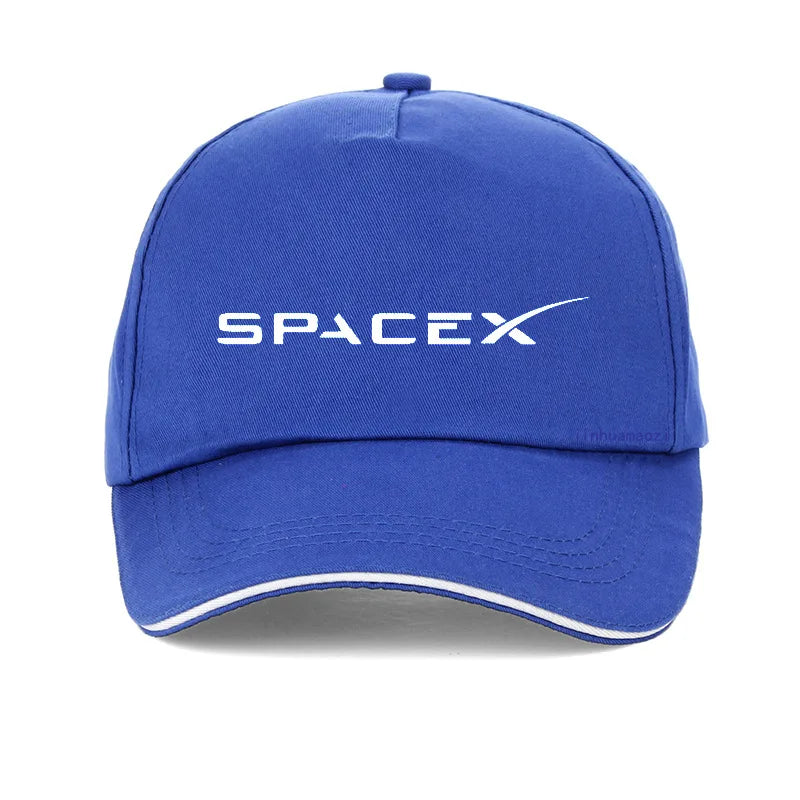 Black SpaceX logo baseball cap, unisex adjustable snapback hat with SpaceX branding, suitable for men and women.