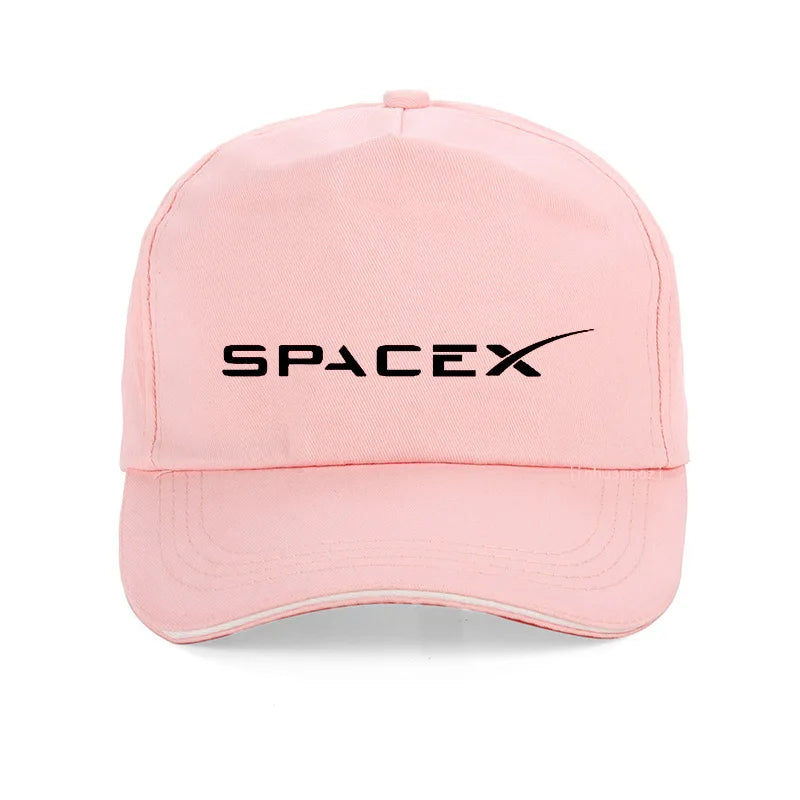 Black SpaceX logo cap for men and women, adjustable unisex baseball snapback hat with a sporty design.