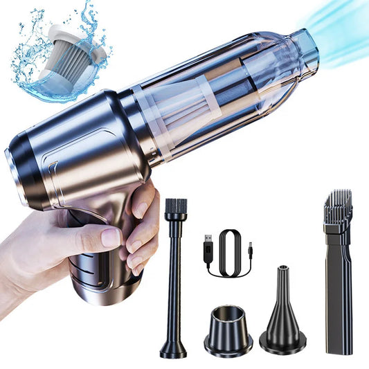 Portable BackupMyFilesNow.com car vacuum cleaner with 3-in-1 design, rechargeable battery, cordless, 120W, 12000Pa suction, and dust filter.