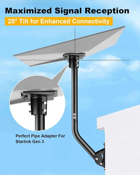 Starlink Gen 3 heavy-duty aluminum pole adapter, 360° rotatable waterproof mount kit for wall, roof, or pole installation.