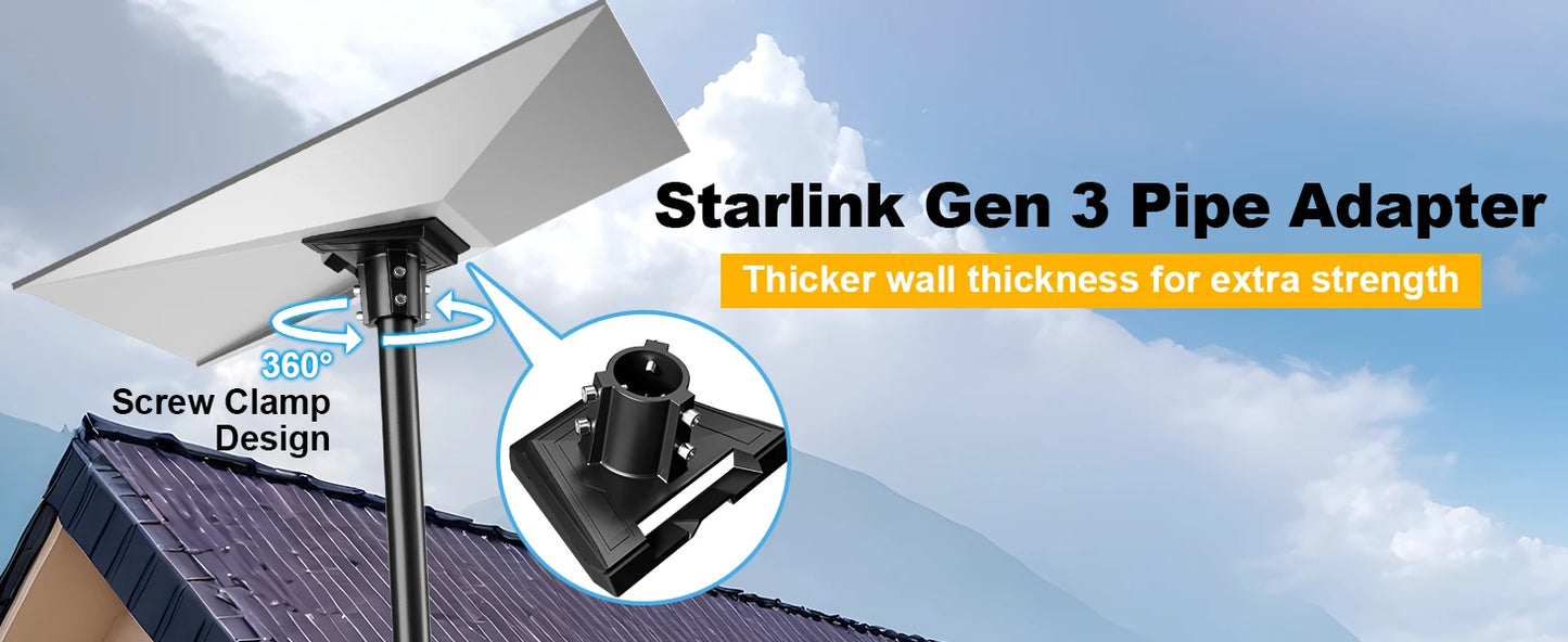 Starlink Gen 3 heavy-duty aluminum alloy pole adapter with 360° rotation, waterproof wall, roof, and pole mounting kit for satellite RV.