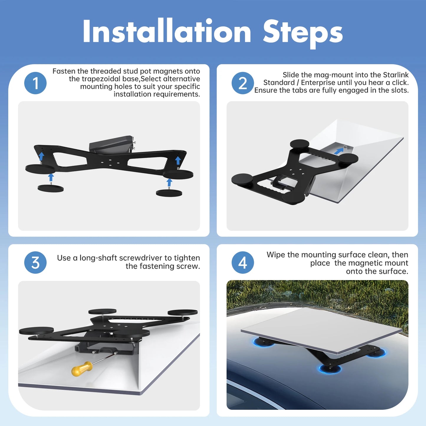 Starlink Gen 3 Magnetic Roof Mount in black, heavy-duty aluminum for Gen3 V4 4X dishes, supports up to 320 lbs.
