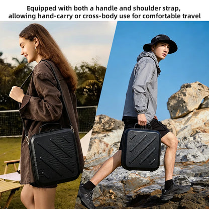 Black Starlink Mini Kit hard carrying case with waterproof, shockproof, scratch-resistant design for portable travel storage.