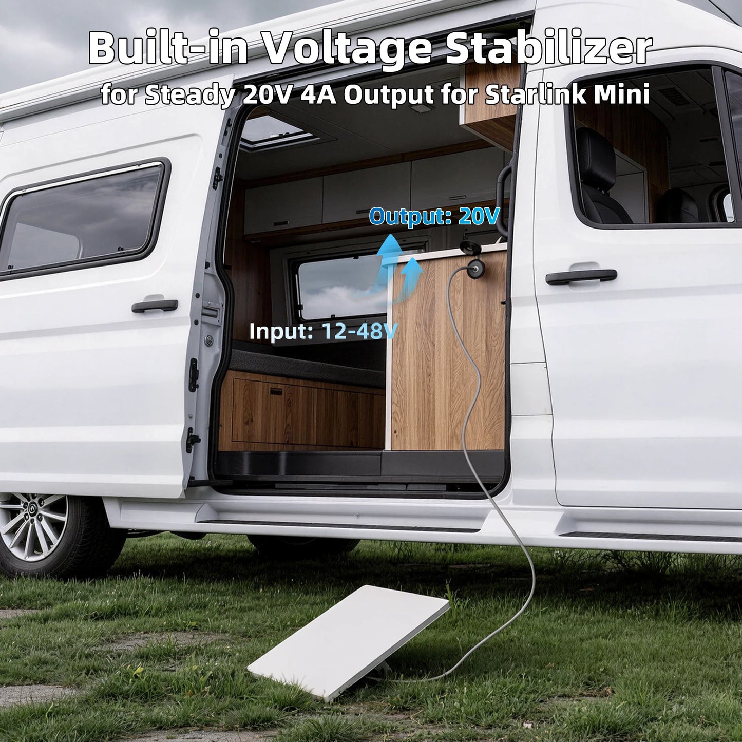 Black Starlink Mini RV cable pass-through kit with waterproof aluminum DC socket and O-ring adapter for car installation.