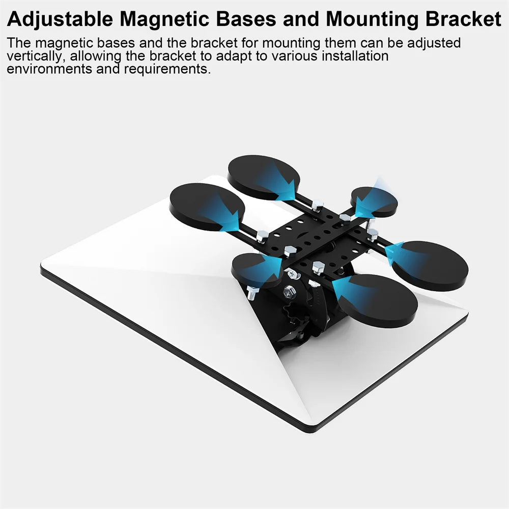 Black Starlink Mini V4 Magnetic Roof Mount with 6 magnetic bases, metal bracket, 211lb suction, and 160° adjustable angle for RVs and boats.