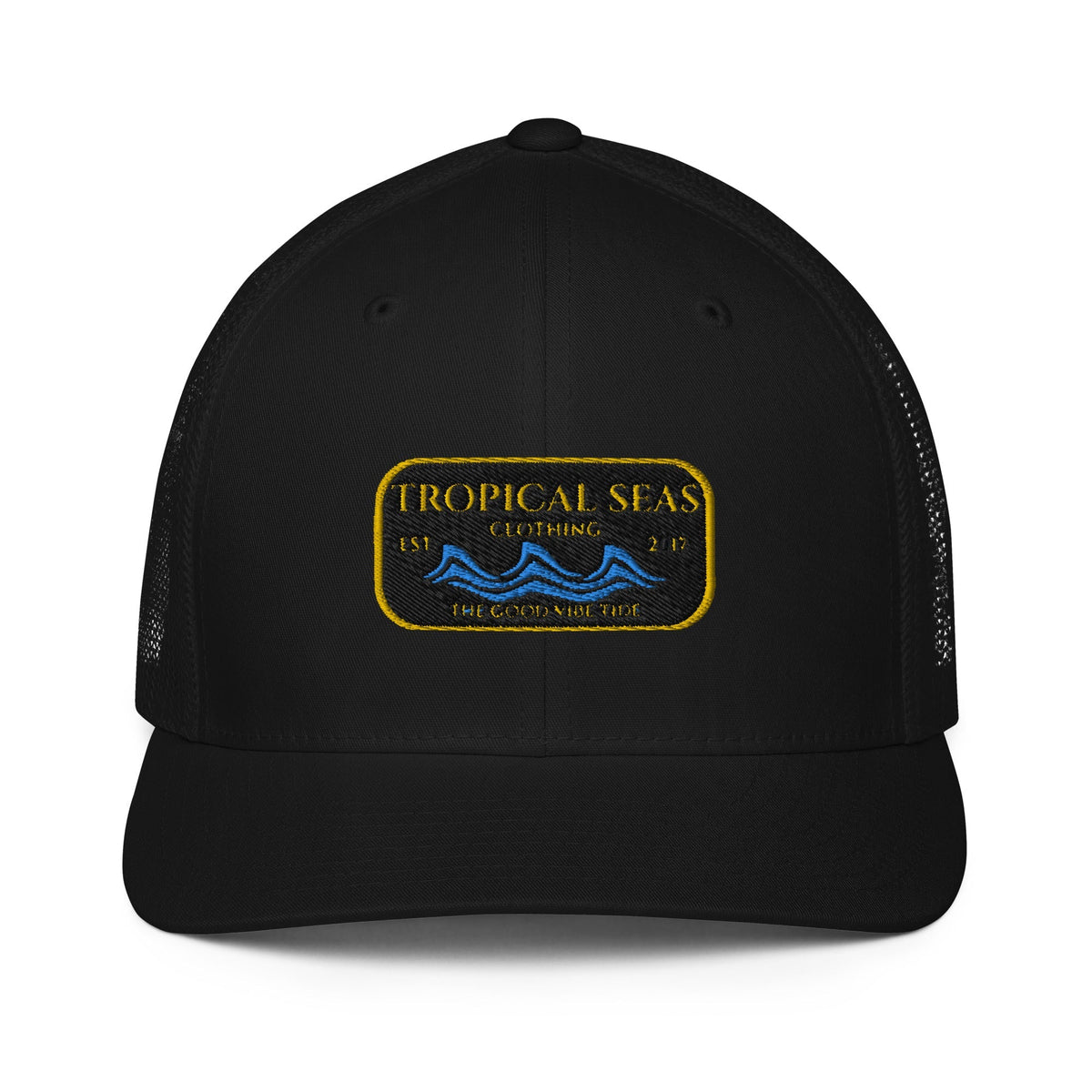 Blue Steady Wave Mesh Trucker Hat by BACKUPMYFILESNOW.COM® featuring breathable mesh panels and adjustable snapback closure.