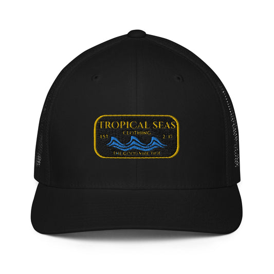 Black Steady Wave Mesh Trucker Hat by BACKUPMYFILESNOW.COM® with breathable mesh panels and curved brim.